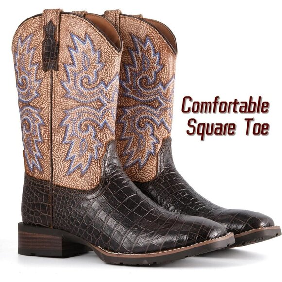 Men Chocolate Caiman Belly Leather Cowboy Bold Crocodile Texture Square Toe Boot